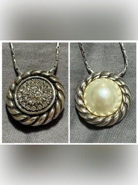 Brighton PEARL MAGIC Silver Reversible Crystal Scrolled Pendant Necklace